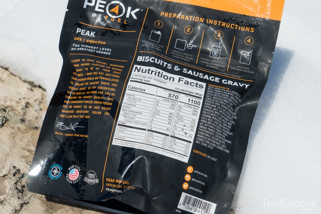 Peak Refuel Biscuits and Gravy Ingredients and Nutrition