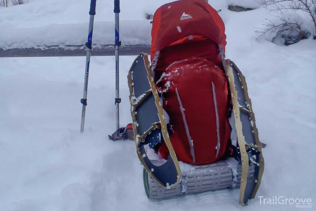 MSR Lightning Explore snowshoes attach easily to your backpack while hiking.