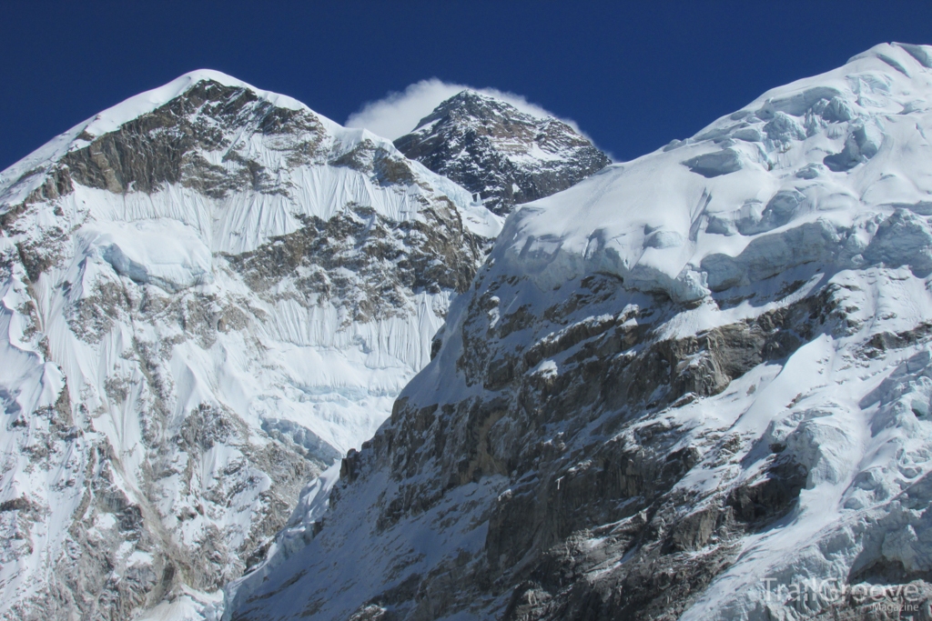 Mount Everest peeks out as we approach Base Camp.